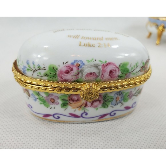 Lot of 3 Porcelain Trinket Boxes Pink Flowers Red Roses Purple Flowers Gold Trim - Picture 3 of 11